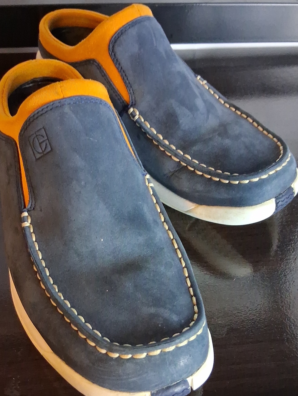 Cole Haan Navy and Orange Slip-On Loafers — Suede Casuals
